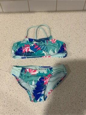 Girls' Tropical Leaf Bikini - Aqua Pink Green, Size XS 4/5